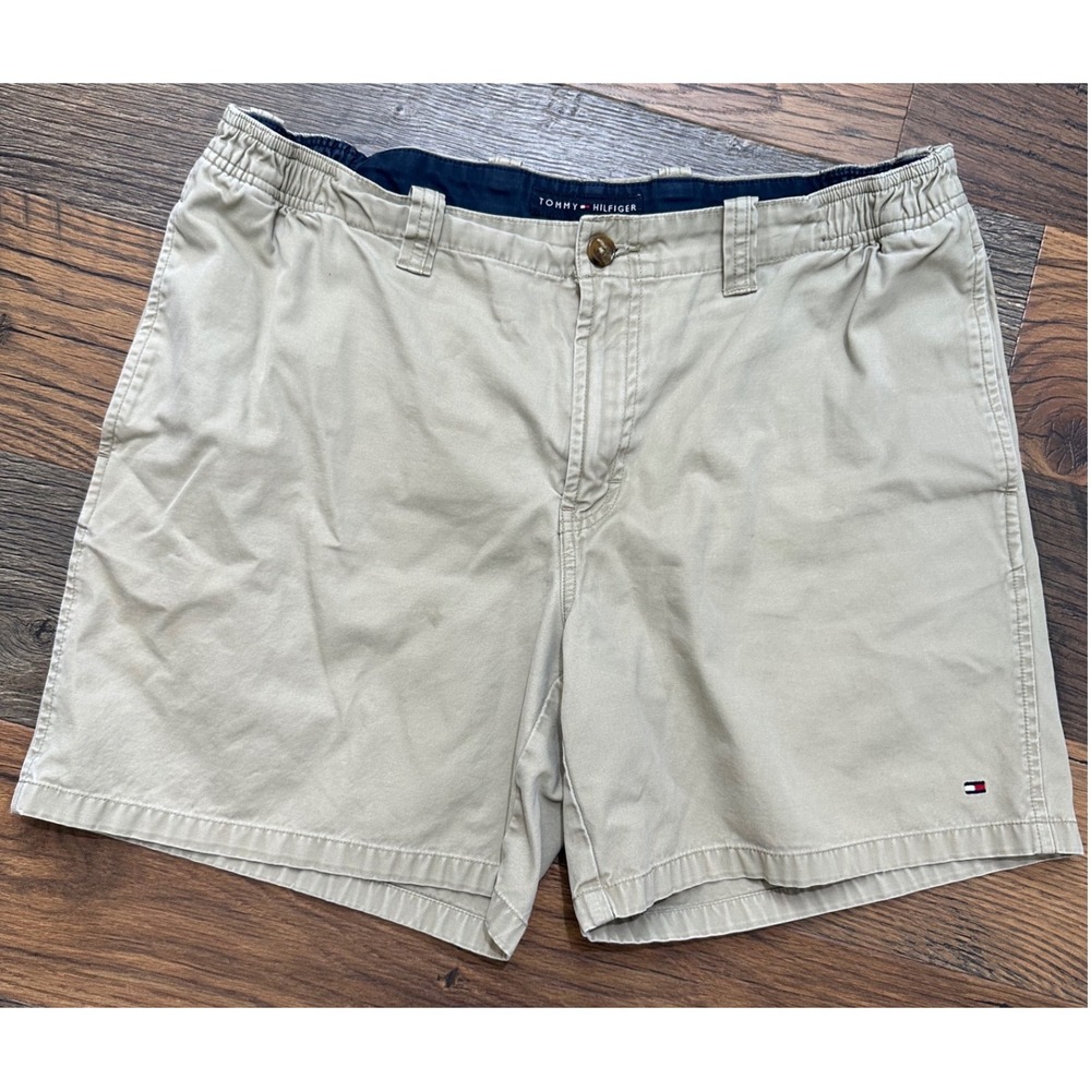 Tommy Hilfiger Mens Khaki Chino Shorts Elastic Waist Beige Cotton Size Large